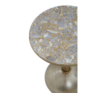 Geometric Mosaic Top Gold Finish Side Table with Slim Column and Round Base, Inventivo
