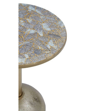 Geometric Mosaic Top Gold Finish Side Table with Slim Column and Round Base, Inventivo