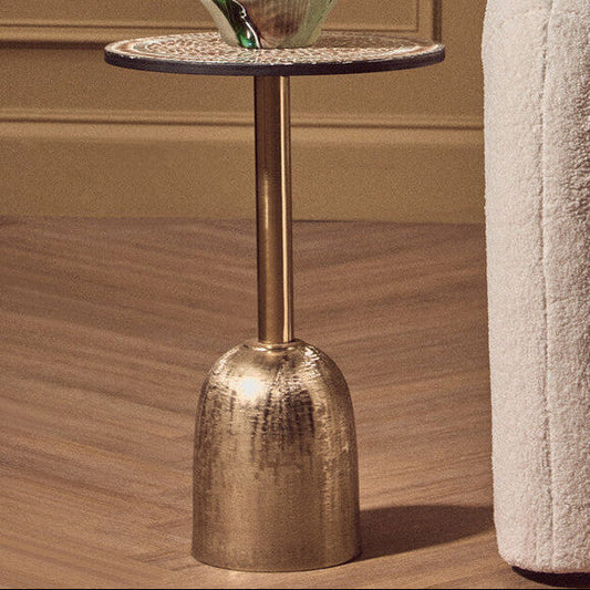 Geometric Mosaic Accent Side Table with Slim Gold Cylindrical Pedestal Base, Inventivo