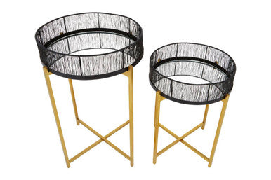 Set of 2 Black Wire and Gold Metal Frame Nesting Tables, Enzo