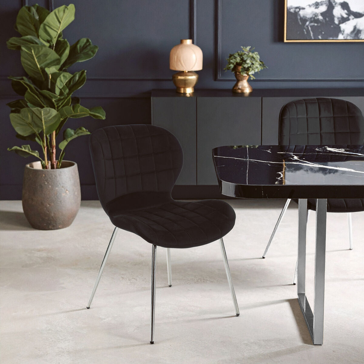 Warton Black Velvet Quilted Dining Chair