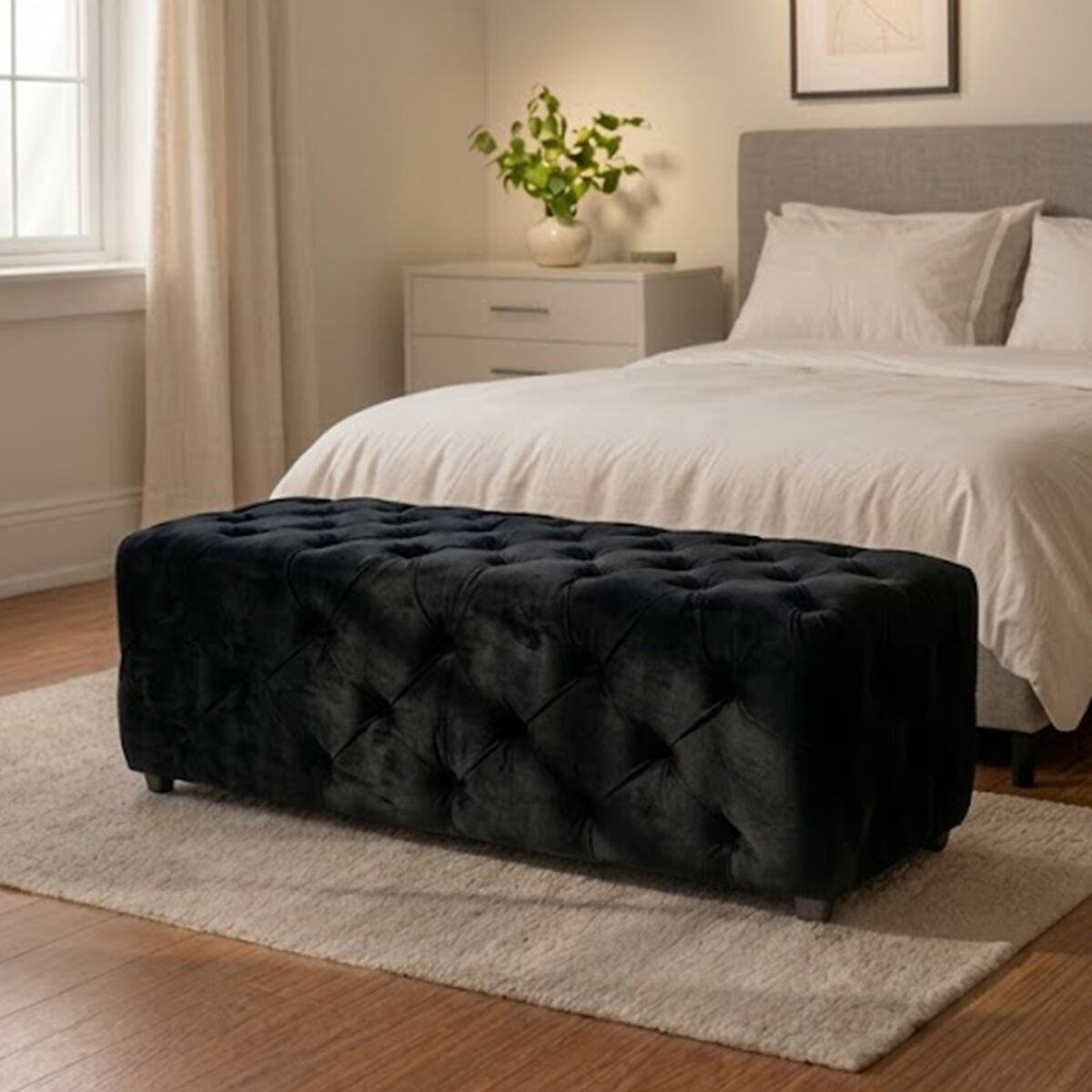 Alea Black Velvet Button Tufted Bench
