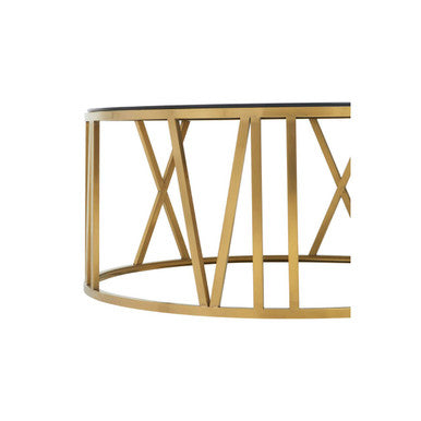 Brushed Gold Finish Steel Side Table with Roman Numeral Frame and Black Tempered Glass Top, Alana