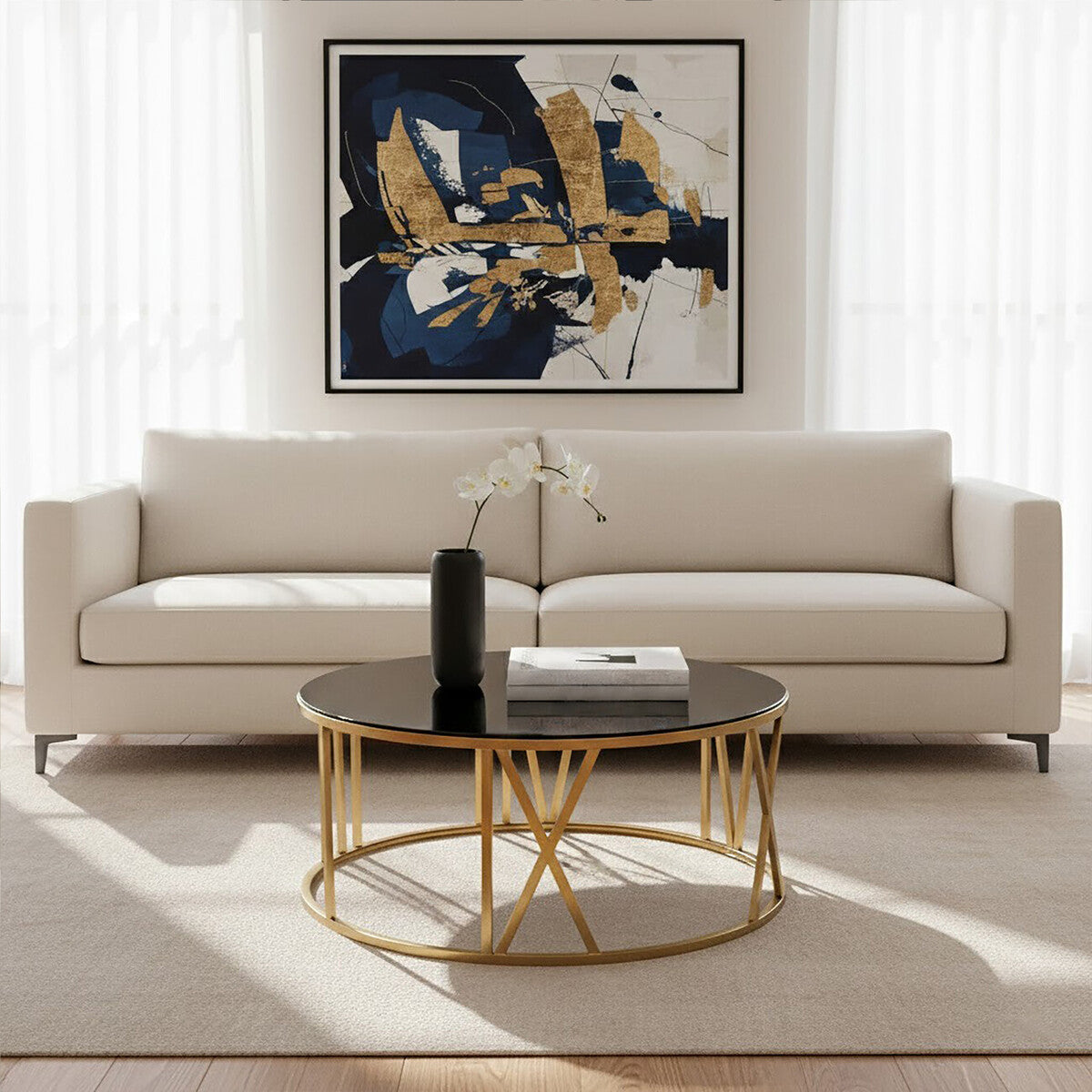 Brushed Gold Finish Steel Side Table with Roman Numeral Frame and Black Tempered Glass Top, Alana
