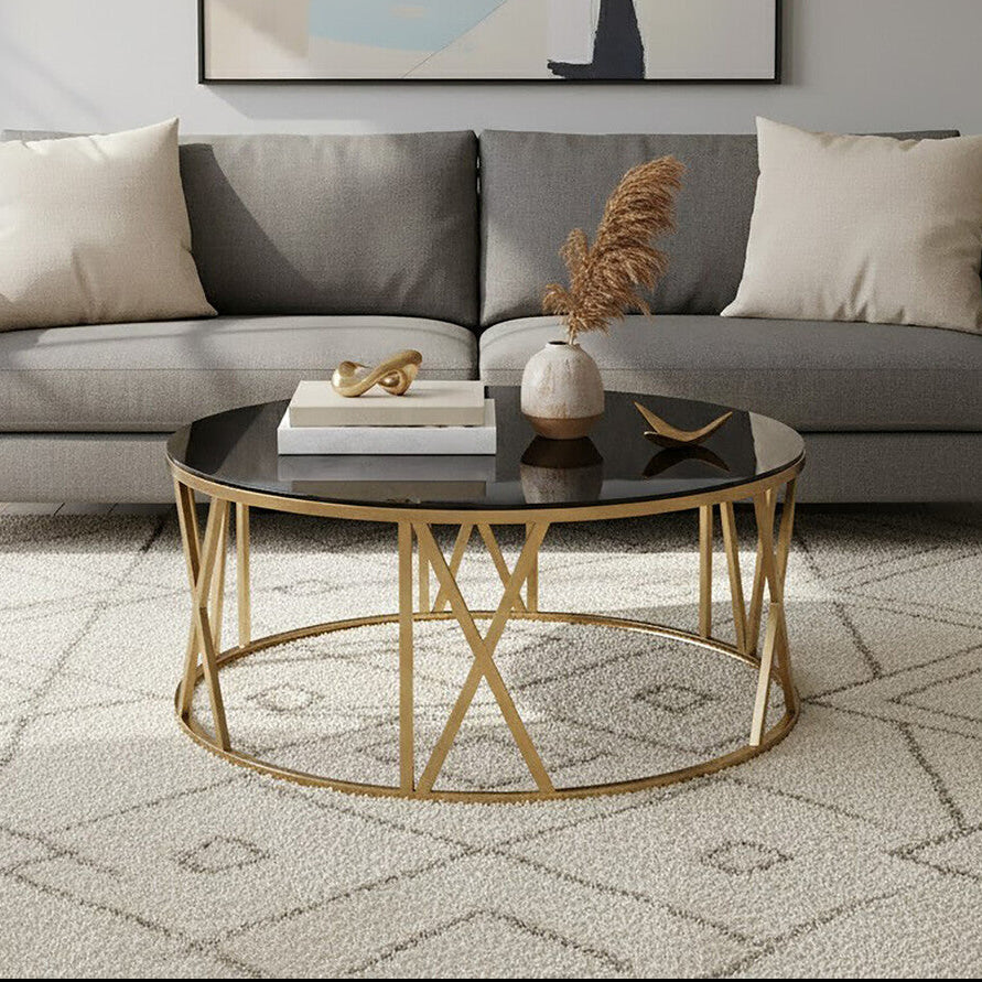 Brushed Gold Finish Steel Side Table with Roman Numeral Frame and Black Tempered Glass Top, Alana