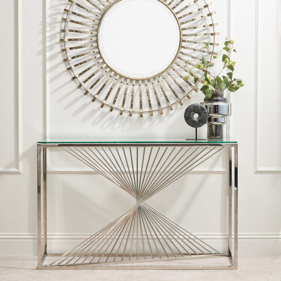 Clear Tempered Glass Top Console Table with Silver Finish Stainless Steel and Twisted Staircase Base, Amella
