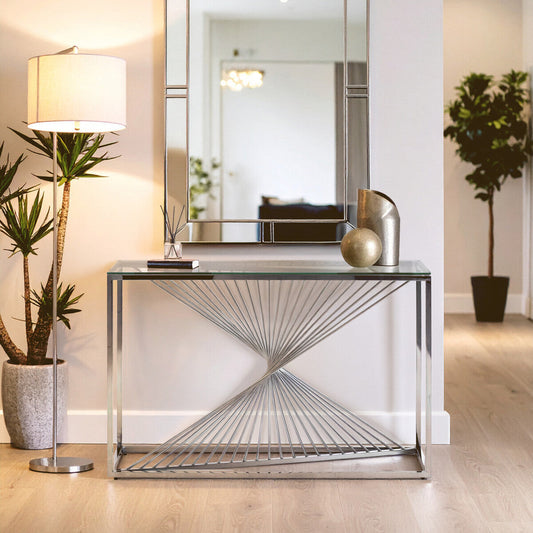 Clear Tempered Glass Top Console Table with Silver Finish Stainless Steel and Twisted Staircase Base, Amella