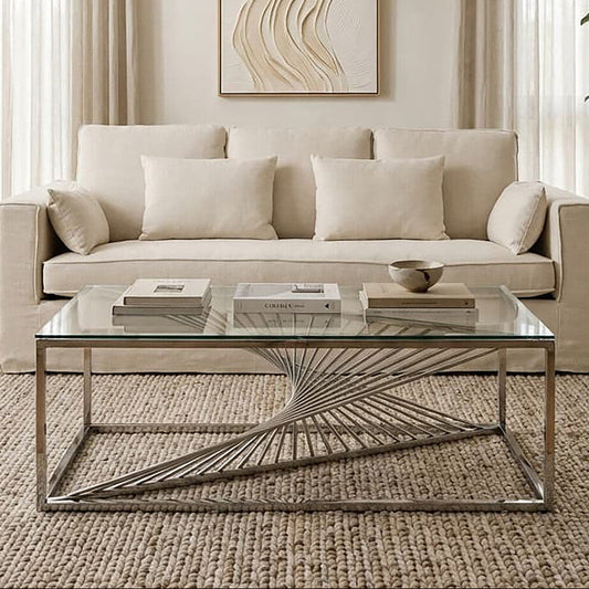 Silver Finish Steel Frame Coffee Table with Glass Top, Amella