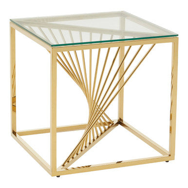 Clear Tempered Glass Top End Table with Gold Finish Frame and Inner Twisted Staircase Design, Amella
