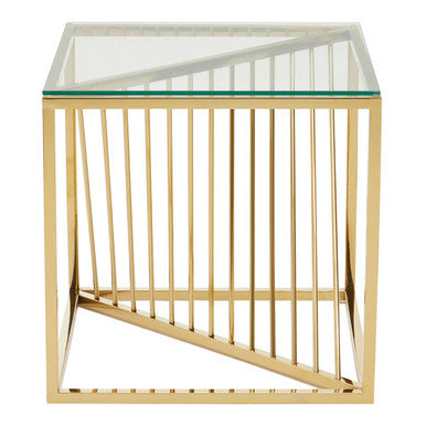 Clear Tempered Glass Top End Table with Gold Finish Frame and Inner Twisted Staircase Design, Amella