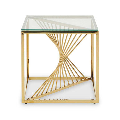 Clear Tempered Glass Top End Table with Gold Finish Frame and Inner Twisted Staircase Design, Amella