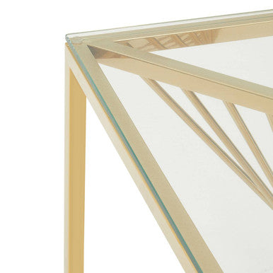 Clear Tempered Glass Top End Table with Gold Finish Frame and Inner Twisted Staircase Design, Amella