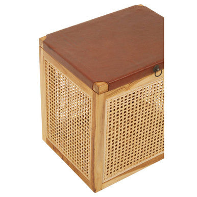 Natural Solid Teak and Rattan Storage Box Side Table with Antique Brown Leather Lid, Kendari
