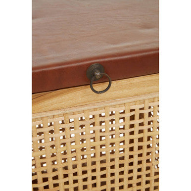 Natural Solid Teak and Rattan Storage Box Side Table with Antique Brown Leather Lid, Kendari
