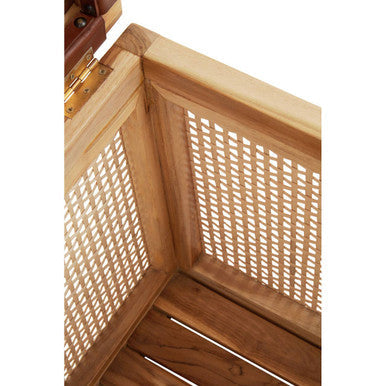 Natural Solid Teak and Rattan Storage Box Side Table with Antique Brown Leather Lid, Kendari