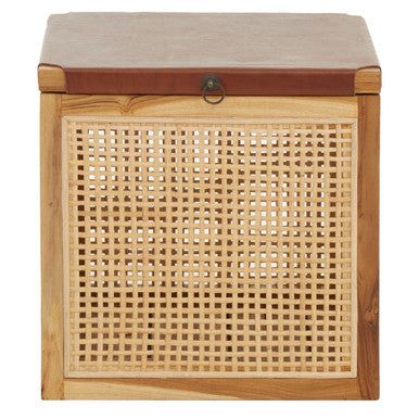 Natural Solid Teak and Rattan Storage Box Side Table with Antique Brown Leather Lid, Kendari