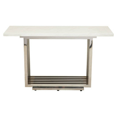 White Marble Top Console Table with Geometric Silver Stainless Steel Base, Moda