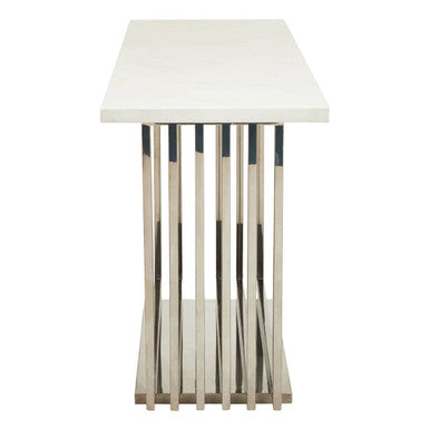 White Marble Top Console Table with Geometric Silver Stainless Steel Base, Moda