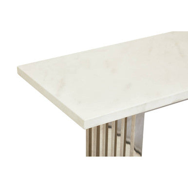 White Marble Top Console Table with Geometric Silver Stainless Steel Base, Moda
