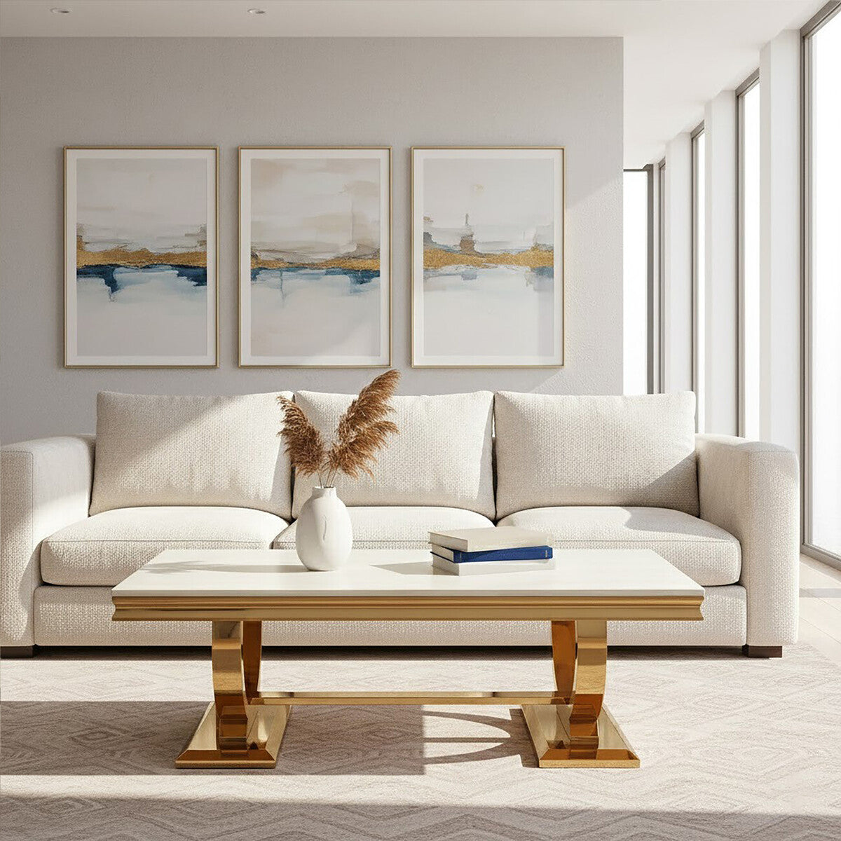 Moda Ivory White Faux Marble Coffee Table With Stainless Steel Base