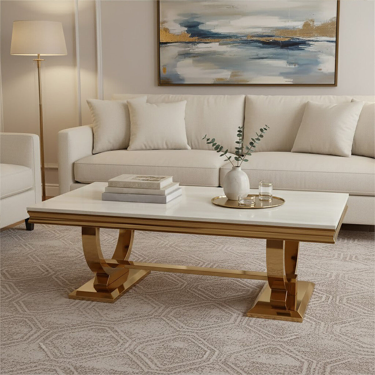 Moda Ivory White Faux Marble Coffee Table With Stainless Steel Base