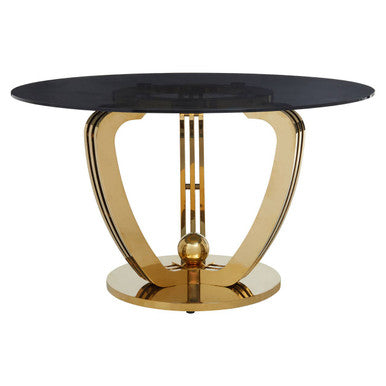 Geometric Brushed Gold Frame and Grey Tempered Glass Top Dining Table, Moda