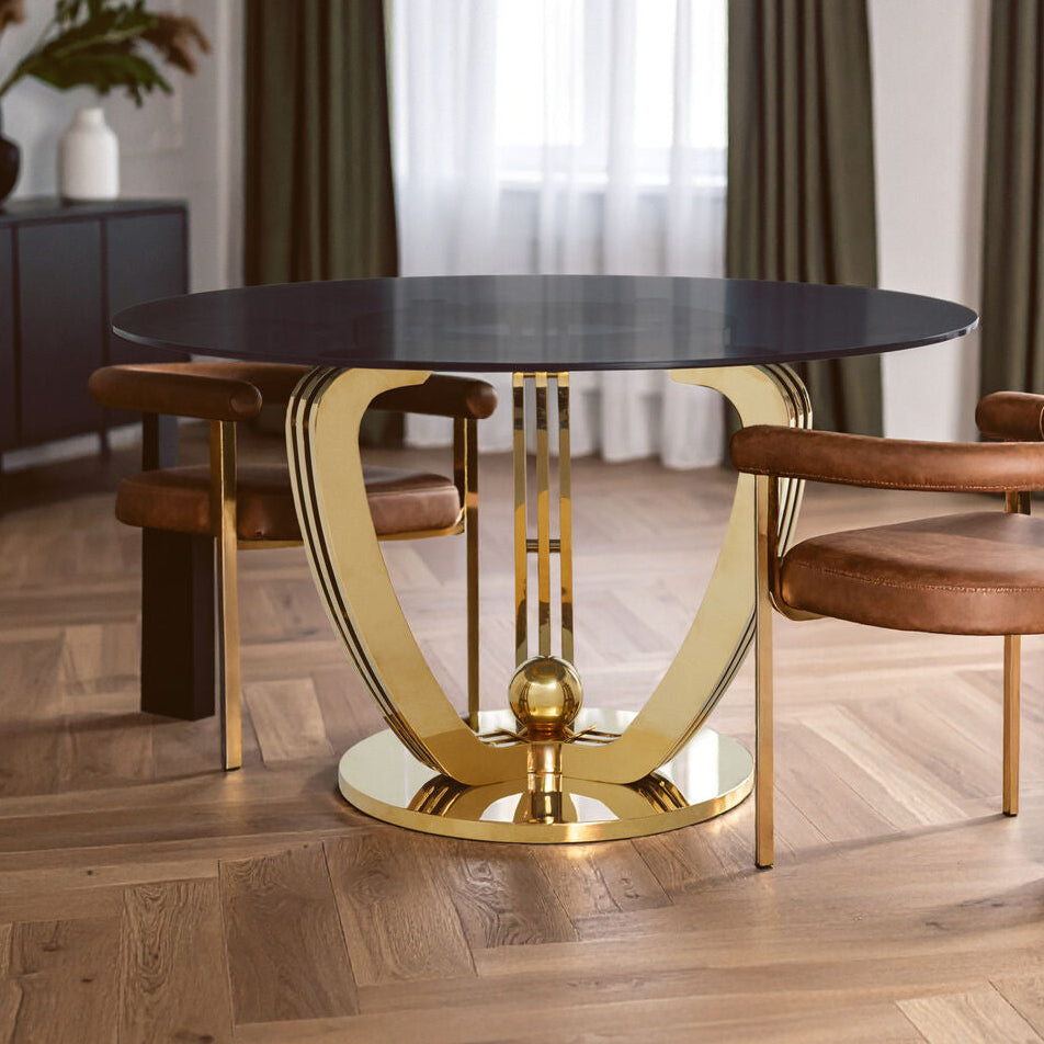 Geometric Brushed Gold Frame and Grey Tempered Glass Top Dining Table, Moda