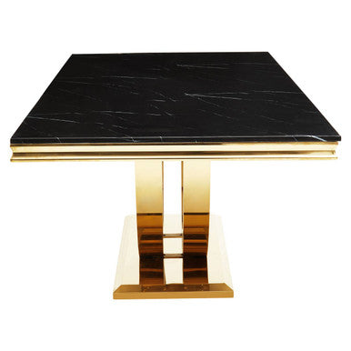 Black Faux Marble Rectangular Top Dining Table with Brushed Gold Geometric Frame, Moda