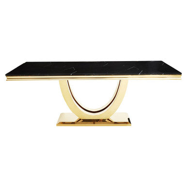 Black Faux Marble Rectangular Top Dining Table with Brushed Gold Geometric Frame, Moda
