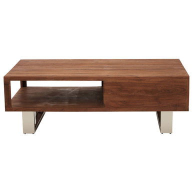 Brown Acacia Wood 1-Drawer Coffee Table with 1 Open Shelf and Stainless Steel Legs, Simla