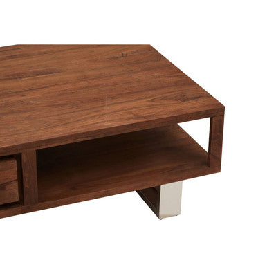 Brown Acacia Wood 1-Drawer Coffee Table with 1 Open Shelf and Stainless Steel Legs, Simla