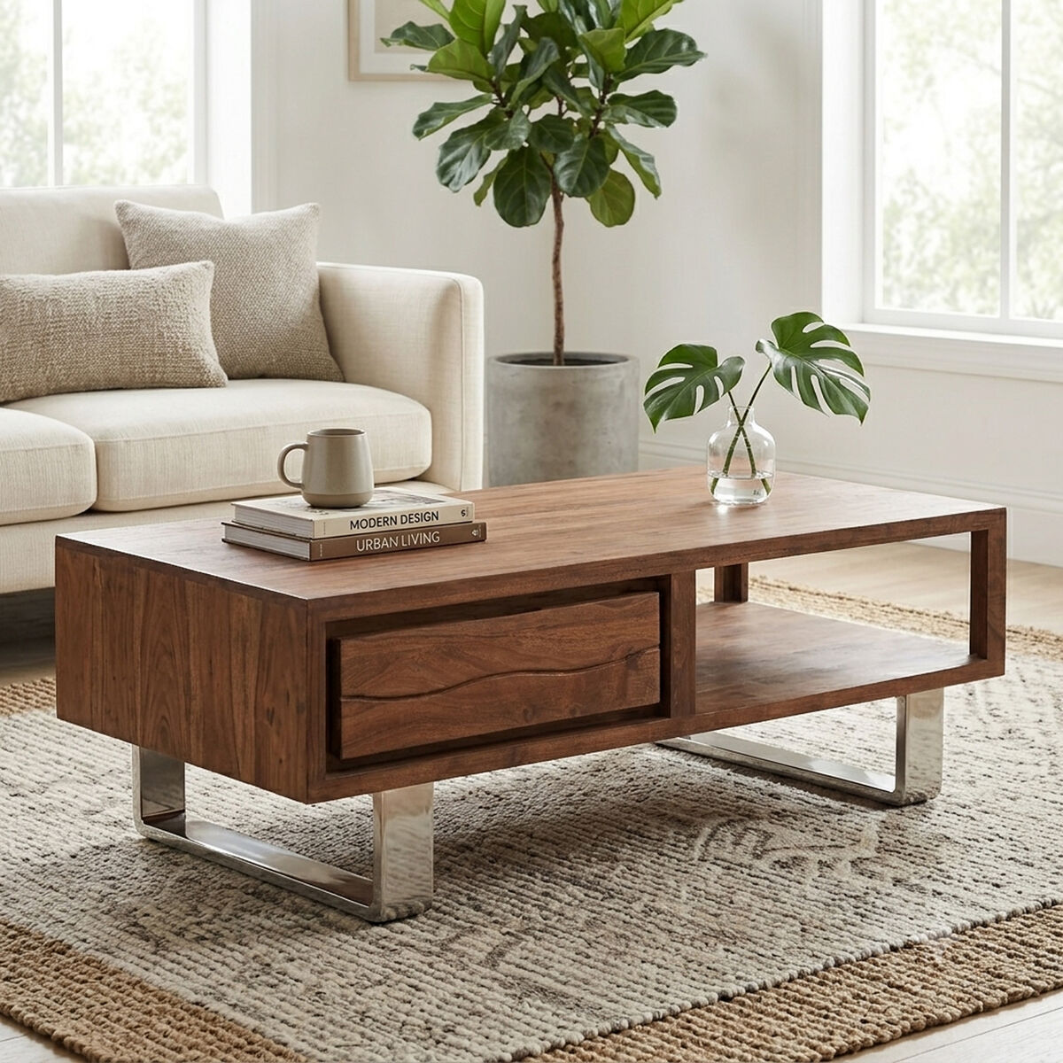 Simla Acacia Wood Coffee Table with Drawer