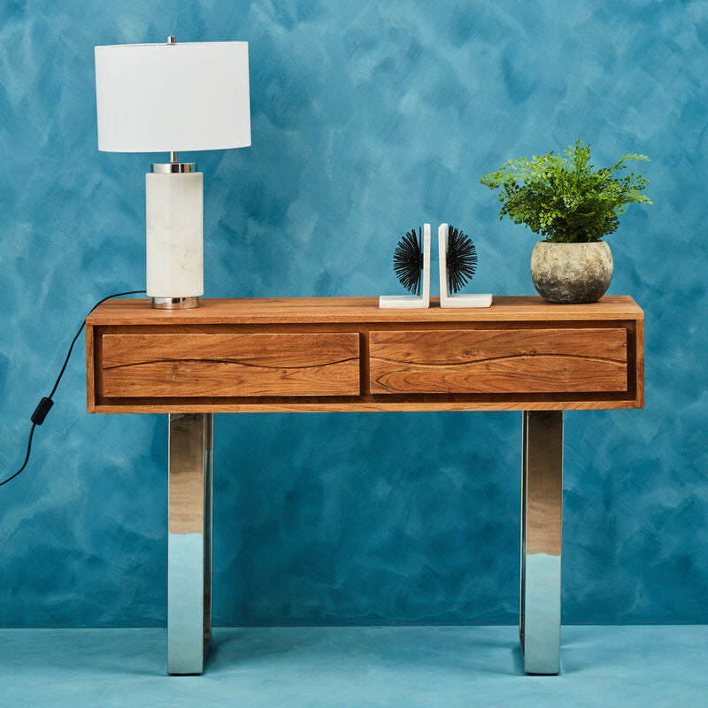 Brown Warm Toned Acacia Wood Two-Drawer Console Table with Silver Stainless Steel Legs, Simla