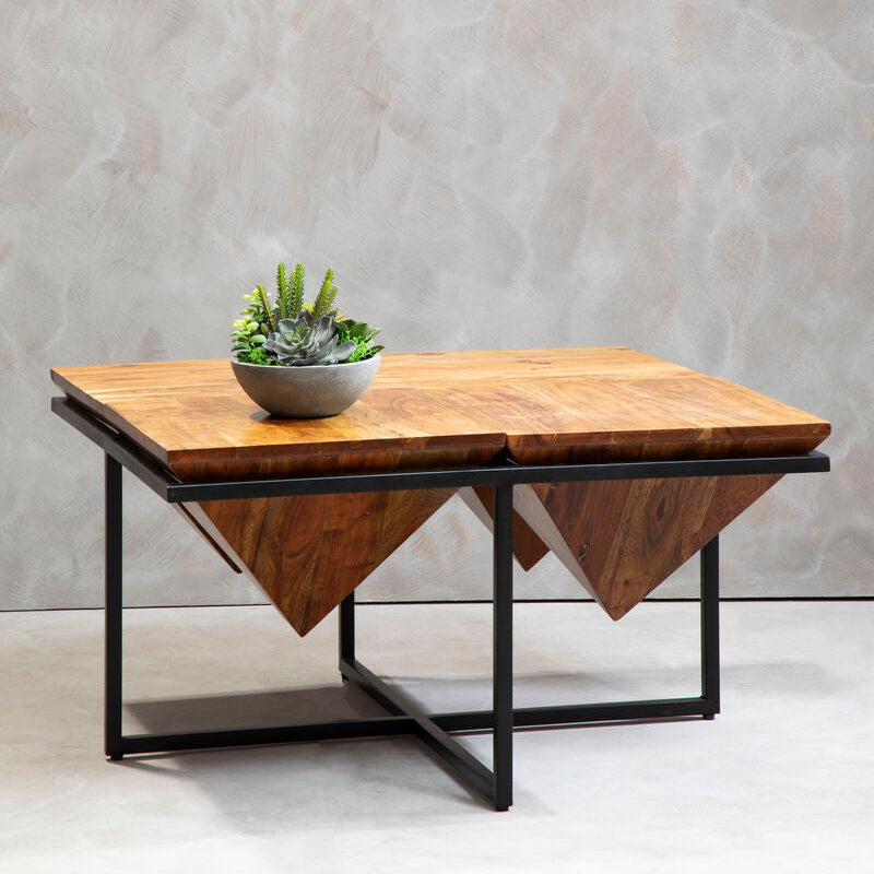 Brown Acacia Wood Pyramid Style Coffee Table with Black Metal Frame, Shimla