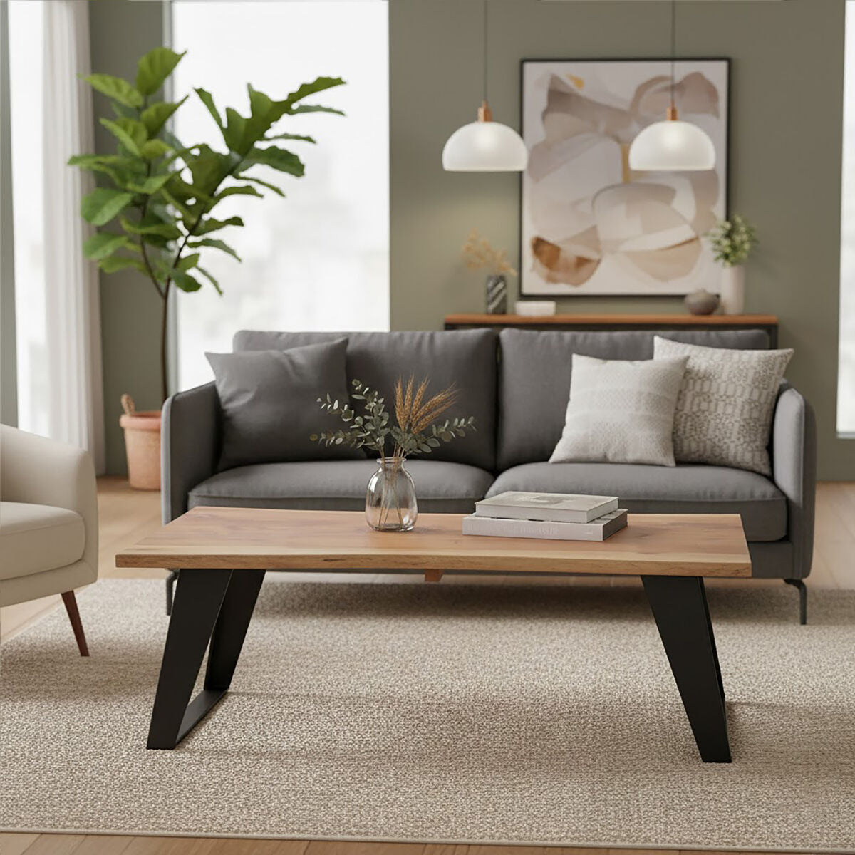 Live Edge Acacia Wood Top Coffee Table with Black Iron Legs, Surax