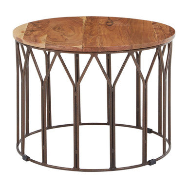 Natural Solid Acacia Wood Round Coffee Table with Dark Geometric Lattice Metal Frame, Boho
