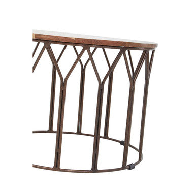 Natural Solid Acacia Wood Round Coffee Table with Dark Geometric Lattice Metal Frame, Boho