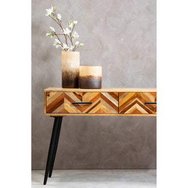 Mango Wood 2-Drawer Console Table with Multi Tonal Chevron Front and Black Iron Legs, Boho
