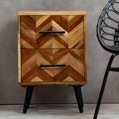 Mango Wood Two-Drawer Bedside Table with Handcrafted Chevron Front and Black Iron Legs | Boho
