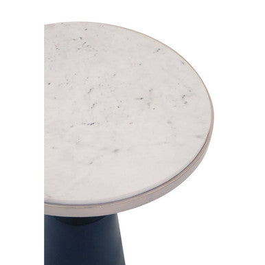 White Round Marble Top Side Table with Slim Column and Black Conical Base, Templar