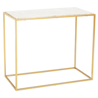 Gold Finish Metal Console Table with White Marble Rectangular Top, Templar
