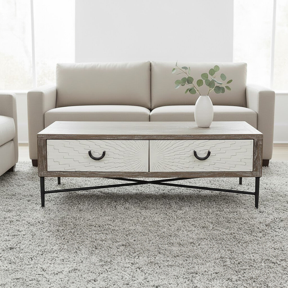 Dark Mud Grey Recycled Elm Wood Coffee Table with Two Storage Drawers and Metal Frame, Milan