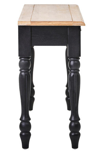 Natural Oak Veneer Top 2-Drawer Console Table with Black Knopped Birchwood Legs and Silver Cupped Handles, Kensington Townhouse