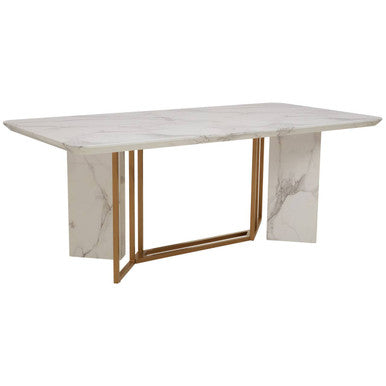 White Marble Top Rectangular Dining Table with Gold Finish Intersecting Base, Vieste