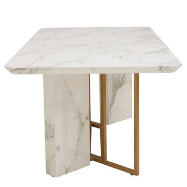 White Marble Top Rectangular Dining Table with Gold Finish Intersecting Base, Vieste