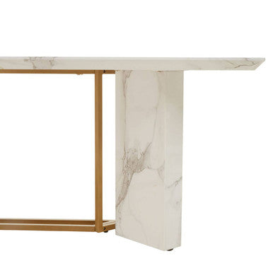 White Marble Top Rectangular Dining Table with Gold Finish Intersecting Base, Vieste