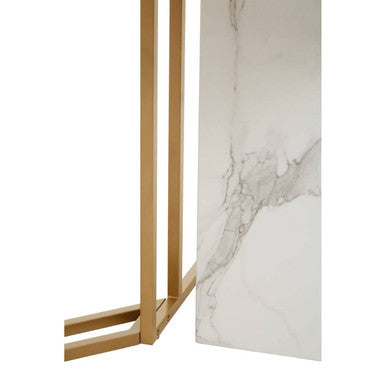 White Marble Top Rectangular Dining Table with Gold Finish Intersecting Base, Vieste