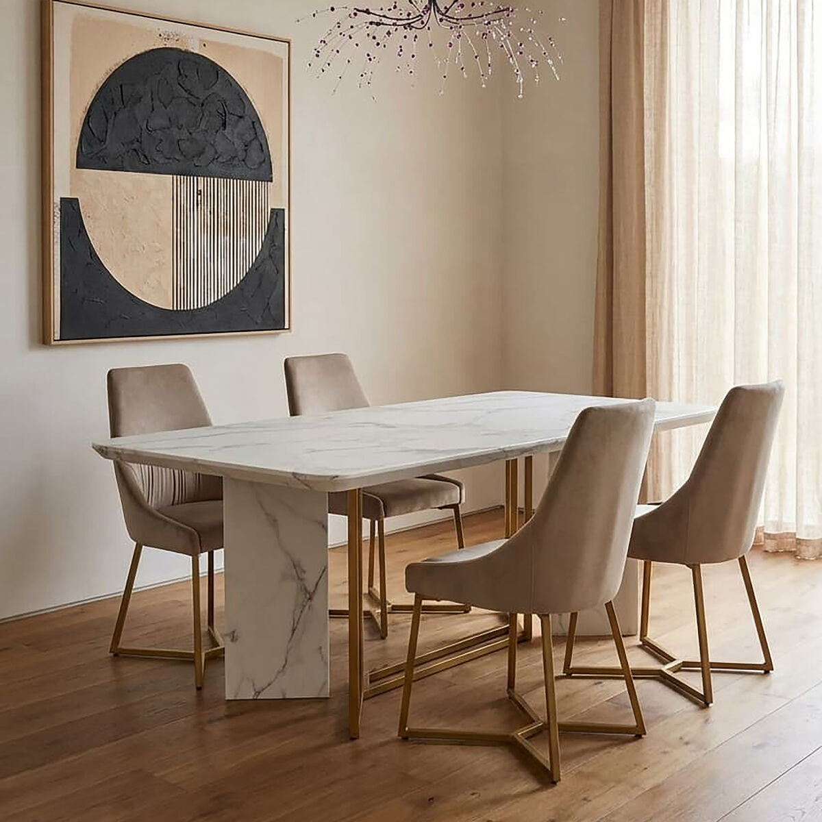 Vieste White Marble Effect and Gold Finish Dining Table