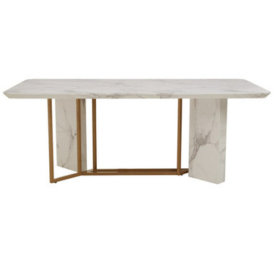White Marble Top Rectangular Dining Table with Gold Finish Intersecting Base, Vieste