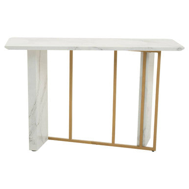 White Marble Effect Top Console Table with Gold Powder Coated Metal Base, Vieste